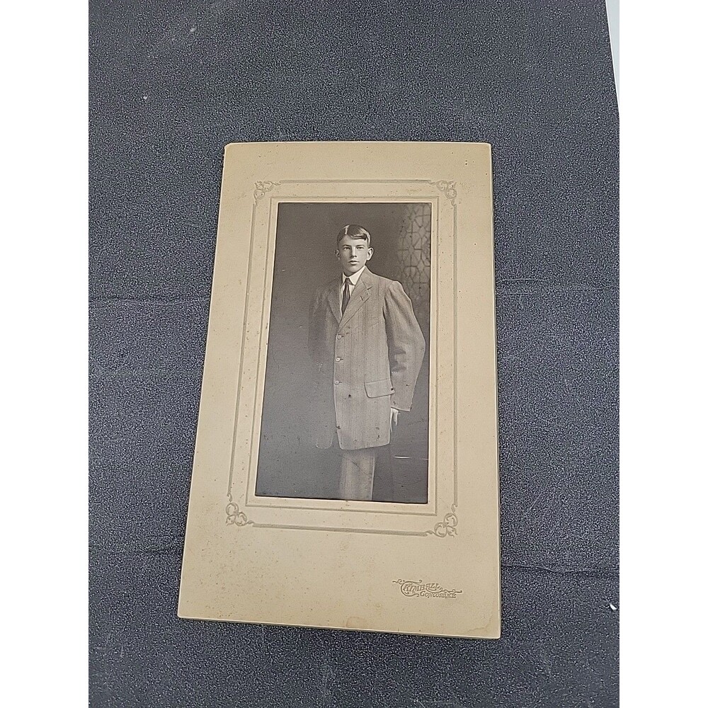 Vtg Antique? Photo Boy Oversized Suit Tie Child Teen Sepia Blonde Portrait